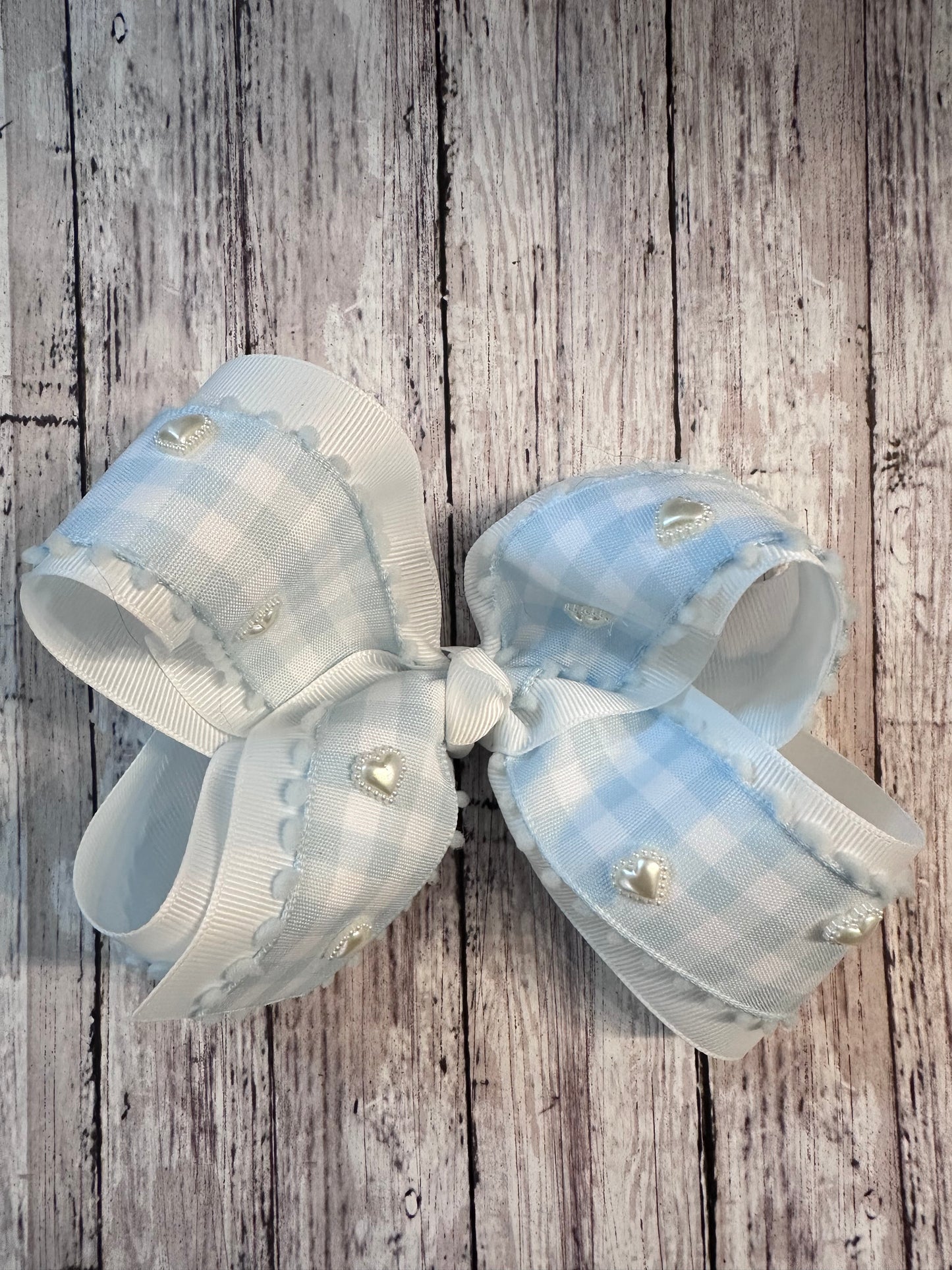 Blue Gingham with Pearl hearts bow