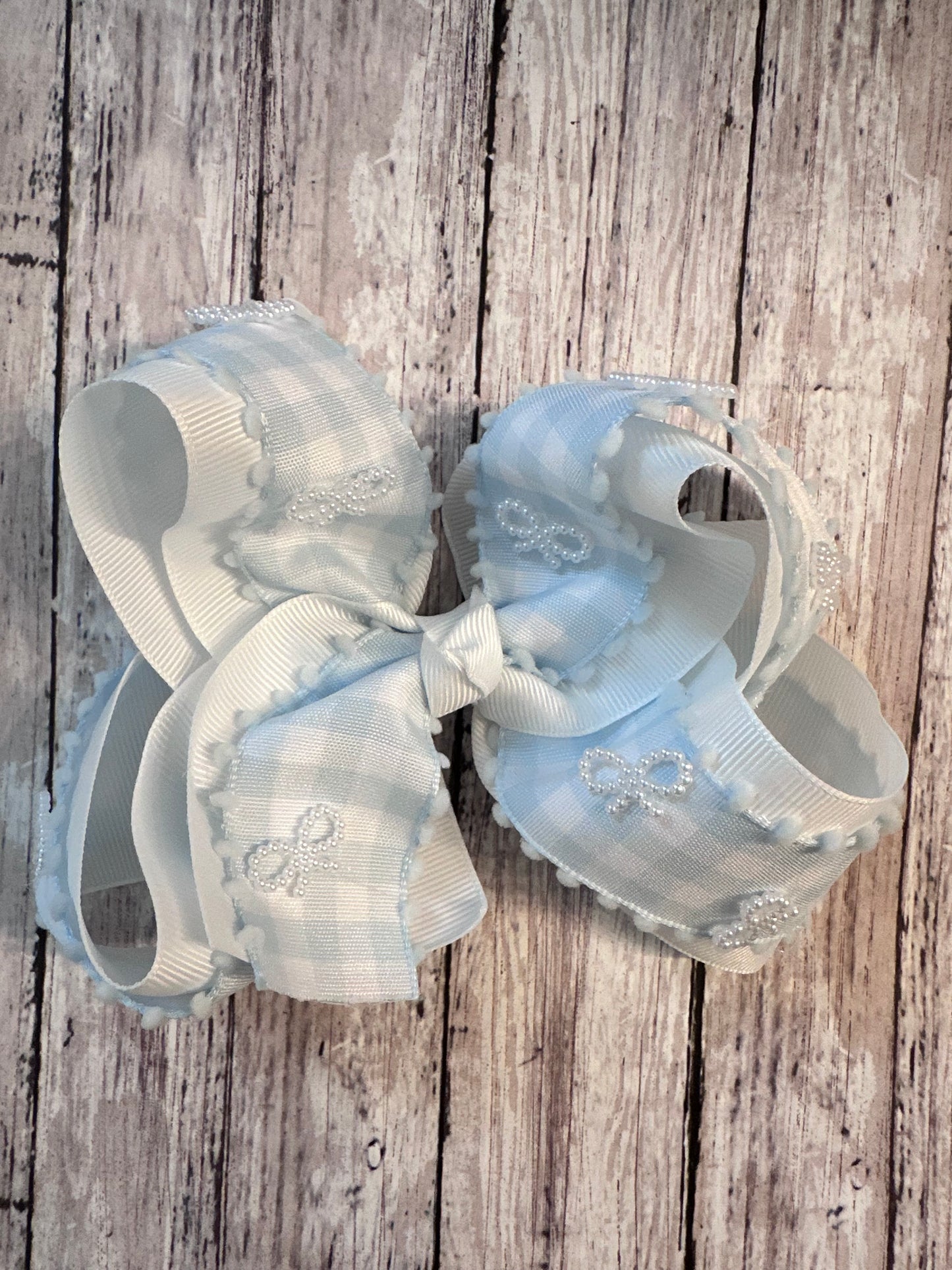 Blue Gingham with Pearl Bows Bow