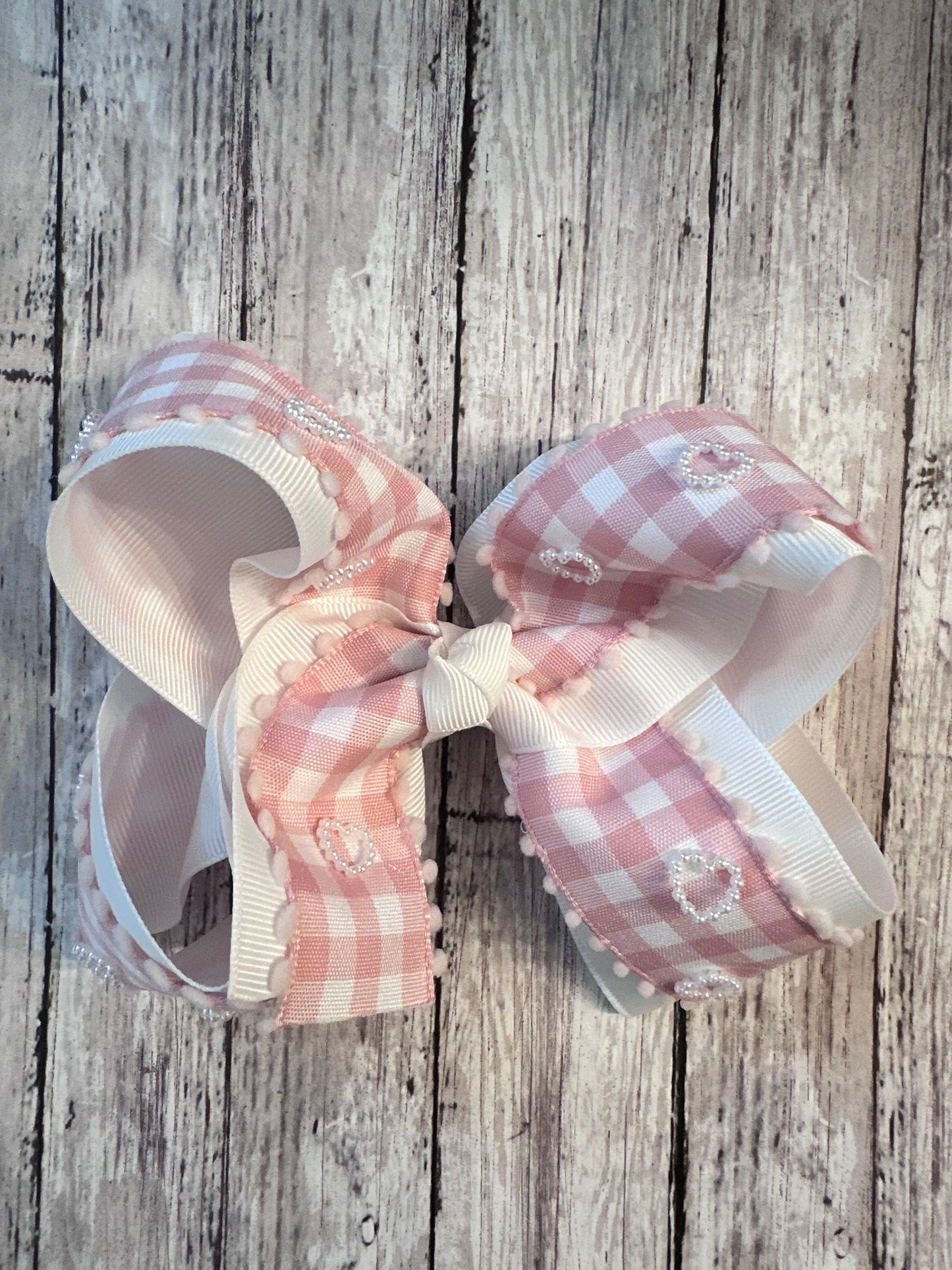 Pink Gingham with Pearl Hearts Bow