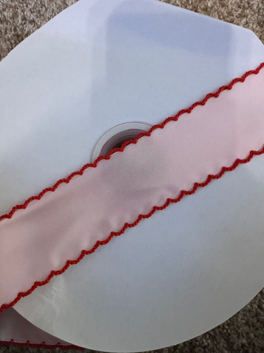 1.5” pearl pink satin with red stitch